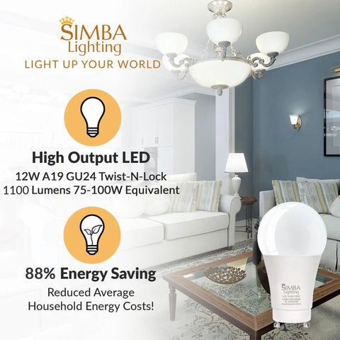 Living room with Go To LED GU24 A19 Light Bulb 12W 75W To 100W Replacement, 120V, non-dimmable 5000K, shown in chandelier fixture.