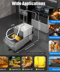 Bulletproof Stainless Steel Commercial Fryer Oil Filter And Filler Cart 14.5 Gallon Kickass Smooth Operator Mobile Grease Filtration System With 550 Watt Pump For Restaurants shown in a kitchen setting.