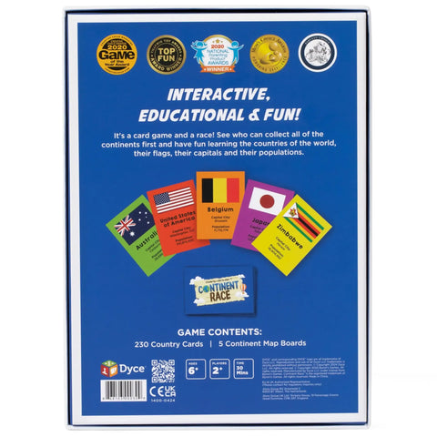 Back of Continent Race Geography Board Game box with flags and card illustrations, showcasing educational game features for families.
