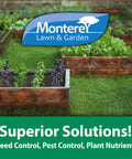 Raised garden beds with various plants, Monterey Lawn & Garden logo, text 'Superior Solutions! Weed Control, Pest Control, Plant Nutrients'