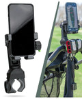 Magnetic Phone Holder For Golf Push Cart With Rangefinder Strap, MagStack Microfiber Towel, Club Brush And Tile shown in use on push cart.