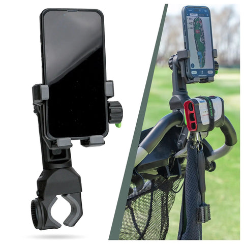 Magnetic Phone Holder For Golf Push Cart With Rangefinder Strap, MagStack Microfiber Towel, Club Brush And Tile shown in use on push cart.