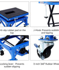 Collage of Beefy Hydraulic Motorcycle Scissor Jack Lift With Foot Step Lever And Four Wheels, detailing features like rubber pad, J-Hook, locking lever, and wheels.