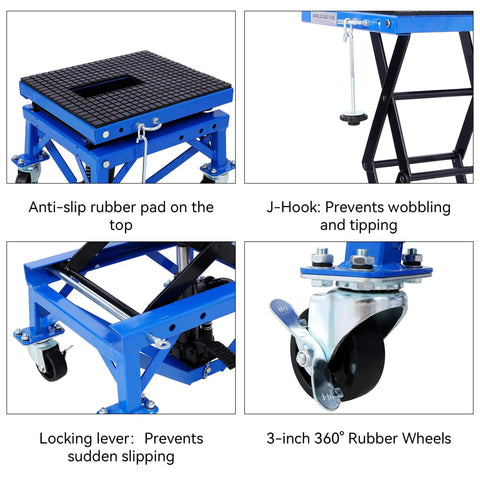 Collage of Beefy Hydraulic Motorcycle Scissor Jack Lift With Foot Step Lever And Four Wheels, detailing features like rubber pad, J-Hook, locking lever, and wheels.