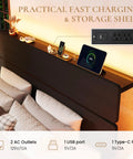 Black Queen Bed Frame Featuring Integrated LED Lights And Convenient Charging Station With Two Smooth Gliding Storage Drawers for easy charging and storage.