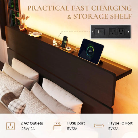 Black Queen Bed Frame Featuring Integrated LED Lights And Convenient Charging Station With Two Smooth Gliding Storage Drawers for easy charging and storage.