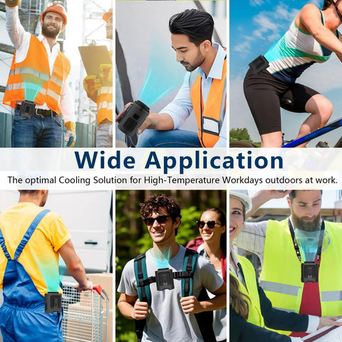 Collage of people using Portable Waist Belt Fan With 4 Speeds And 13000 RPM High Airflow Hands Free Wearable Personal Fan outdoors
