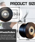 Home Gym Replacement Wheels And Rollers Kit with size dimensions for precision-machined wheels, 5/16 bearing bore shown.