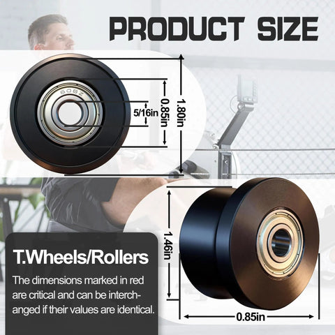Home Gym Replacement Wheels And Rollers Kit with size dimensions for precision-machined wheels, 5/16 bearing bore shown.