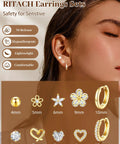 Gold Stud And Hoop Earring Set For Women With Eight Pairs Of Studs And Two Pairs Of Hoops, 14K Gold Plated CZ, Hypoallergenic Jewelry Gift, Dainty Flower And Heart Designs For Everyday Wear Or Night Out. Model wearing 5mm flower stud and 10mm hoop