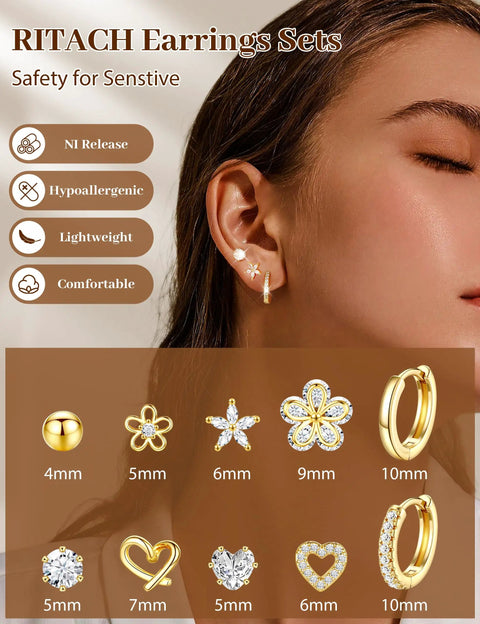 Gold Stud And Hoop Earring Set For Women With Eight Pairs Of Studs And Two Pairs Of Hoops, 14K Gold Plated CZ, Hypoallergenic Jewelry Gift, Dainty Flower And Heart Designs For Everyday Wear Or Night Out. Model wearing 5mm flower stud and 10mm hoop
