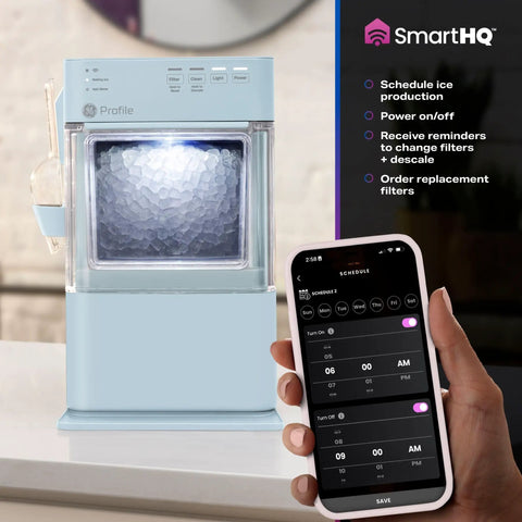Portable Countertop Nugget Ice Maker Delivers Sick Chill Levels With Legit Chewable Snow Ice Ready Fast Features Top Fill Convenience and Space Saving Design Great For Parties Or Desk Setups Includes Carry Scoop And Descaler Pack with ice and app control.