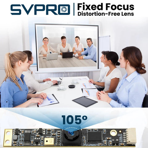8MP USB Camera Module With Microphone For Laser Engravers And PCs, wide 105-degree view, fixed focus displayed in meeting setting.