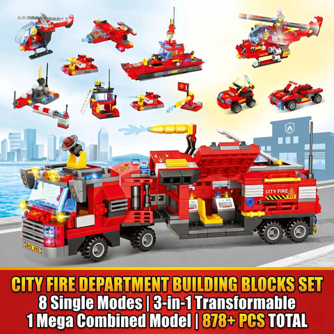 8 In 1 Fire Rescue Building Set Kit With Fire Station Large Fire Engine Fire Boat Rescue Helicopter Fire Plane And Emergency Vehicle Buildable Models For Grown Ups Collectible Construction Gift, ABS plastic