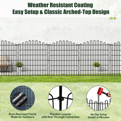 No Dig 10 Panel Decorative Garden Fence Set, Rustproof Iron Wire Panels displayed outdoors on grass field with arched top design