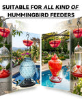 Ant Moat For Hummingbird And Oriole Feeders, 5 Oz Cup, 4 Pack, clear water cup with red umbrella design installed on various feeders
