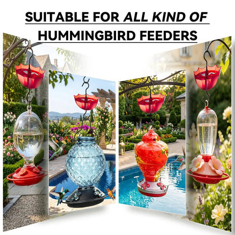 Ant Moat For Hummingbird And Oriole Feeders, 5 Oz Cup, 4 Pack, clear water cup with red umbrella design installed on various feeders