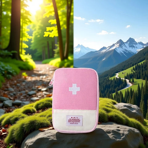 Pink Small First Aid Bag Empty Portable Medical Kit For Outdoor Camping Hiking Travel Emergency Pouch With Compartments Lightweight Mini First Aid Organizer Must Have in a scenic forest.