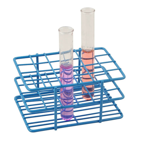 Blue Epoxy Coated Steel Wire Test Tube Rack With 24 Holes For Tubes Up To 16mm Outer Diameter, 4 By 6 Format, holding two test tubes
