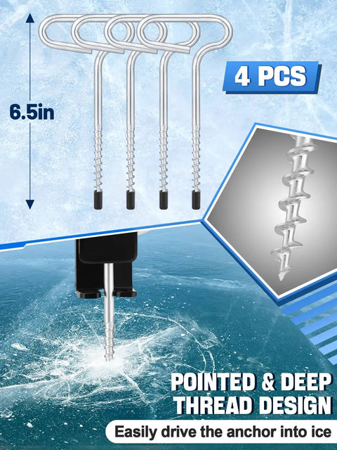 Universal Ice Anchor Tool Kit For Ice Fishing Shelters, 6.5in stake nails, drill adapter in ice, durable metal anchors