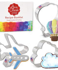 Adventure Travel Cookie Cutter Set, 3-Piece Made in USA, Hot Air Balloon, Cloud, and Airplane Shapes for Cookies with Recipe Booklet