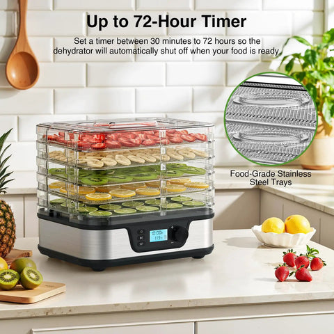 Five Tray Food Dehydrator With Seamless Seventy Two Hour Countdown And Smooth Temperature Controls For No Sweat Drying Of Fresh Herbs Garden Fruit And Quality Homemade Jerky All Day Long, showcasing fruit slices on transparent trays.