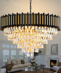 3 Tier Black And Gold Crystal Chandelier Pendant Light Fixture for living room, round flush mount, adjustable height chain