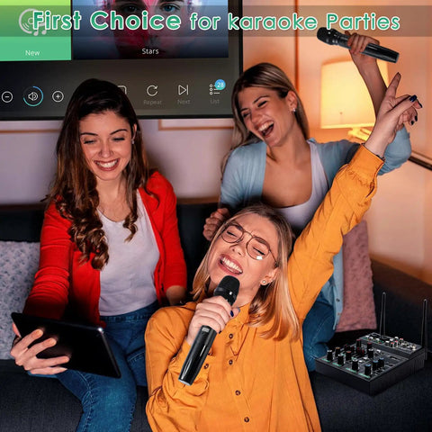 Group singing with 5 Channel Audio Mixer With Dual Wireless Microphones For Live Streaming And Family Karaoke And Studio Recording