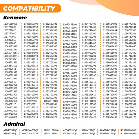 Compatibility chart for Upgraded 279838 Dryer Heating Element Kit with W10724237 Thermostat for Kenmore and Admiral models.