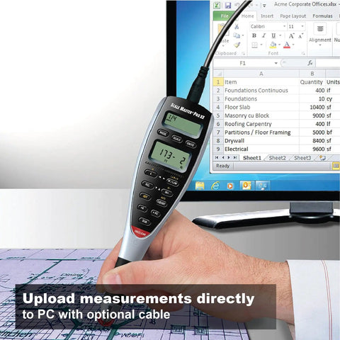 Person using Scale Master Pro XE Digital Plan Measure For Fast Blueprint Takeoffs With A Hi Visibility Red Wheel 91 Architectural And Engineering Scales Imperial And Metric Your Go To Tool For Plans Drawings And Maps on blueprints with a computer display.
