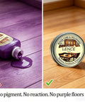 Natural Wood Polish And Scratch Repair Balm No Sweat Quick Fix Furniture Wax displayed beside polished wood floor.