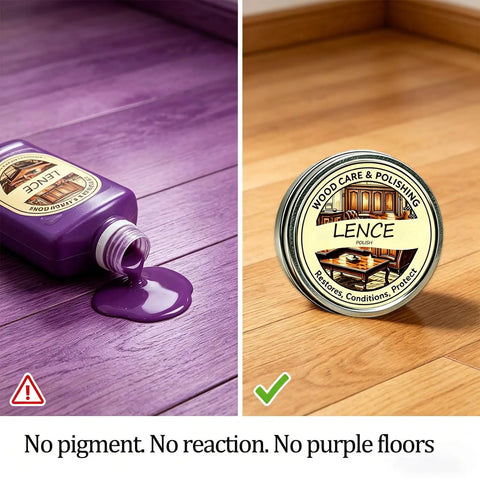 Natural Wood Polish And Scratch Repair Balm No Sweat Quick Fix Furniture Wax displayed beside polished wood floor.