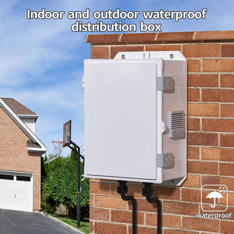 Rugged Outdoor Electrical Junction Box with Waterproof ABS Enclosure mounted on brick wall, showcasing weatherproof design.