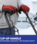 Person holding the handle of an 80 Lb Salt Spreader For Ice Melt And Winter Weather, Walk Behind Residential Broadcast Spreader.