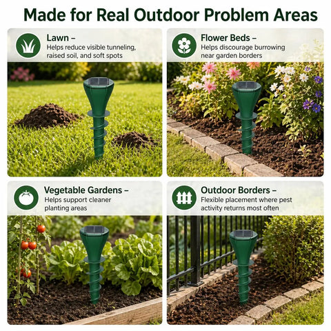 Solar Powered Mole Repellent Stakes With Ultrasonic Pulses And Ground Vibration in gardens and yard setups, 4 pack