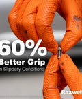 Raxwell nitrile gloves, orange with diamond texture, gripping a bolt