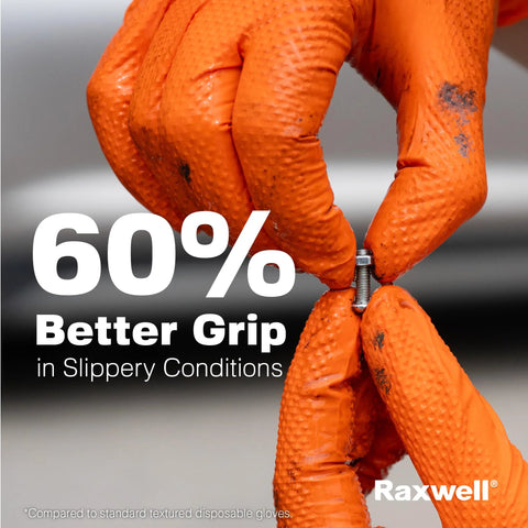 Raxwell nitrile gloves, orange with diamond texture, gripping a bolt