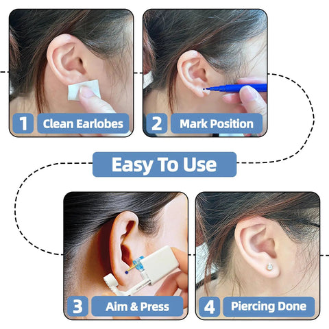 All In One Ear Piercing Kit With Disposable Piercing Guns And Cubic Zirconia Stud Earrings Eight Guns Three Styles Of CZ Earrings And 3mm Ball Ear Studs Cleaning Wipes For Safe At Home Piercing Gold, step-by-step use