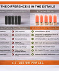 Comparison chart showing 12 Gauge Snap Caps Five Pack Inert Training Rounds For Dry Fire Reloading And Malfunction Drills With Real Brass Casing And Bright Orange UV Insert Veteran Owned Made In USA Safe And Reusable features.