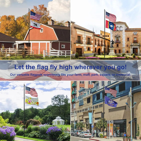 25 Foot Heavy Duty Flag Pole Built Tough Aluminum Rust Resistant Wind Tested To 100 MPH Two Flags in various outdoor settings.