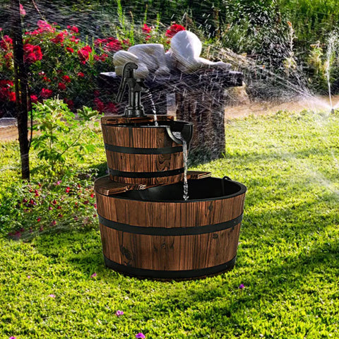 2 Tier Barrel Waterfall Outdoor Fountain With Electric Pump Rustic Wood Water Feature in garden setting