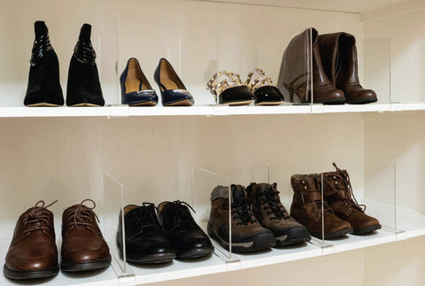 8 Pack Acrylic Shelf Dividers for Closet Organization showcasing clear adjustable spacers for shoes on white shelves.