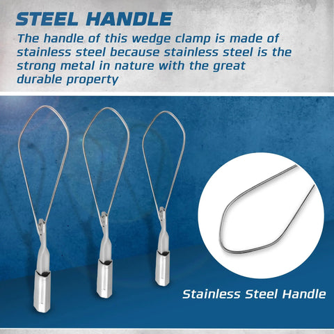 Three aluminum wedge cable clamps with stainless steel ball handles, pro grade secure locking system for aerial cable tightening.