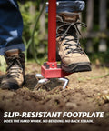 Gardener using Claw Pro Garden Tiller And Cultivator Tool with footplate in soil