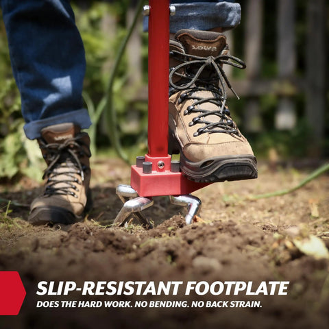Gardener using Claw Pro Garden Tiller And Cultivator Tool with footplate in soil