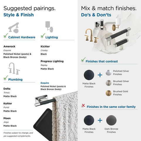 Guide on mixing finishes with Slick Polished Nickel And Black Bronze Towel Bar, 24 Inch with knurled texture, Esquire Bath Hardware.