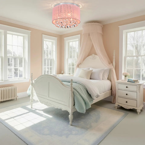Pink Chandelier Drum Flush Mount Crystal Ceiling Light Fixture With 3 Lights Handmade Cotton Thread For Girl Bedroom Nursery Chic Modern Decor And Glam Lighting With A Lit Vibe For Living Room Or Kids Room Decor