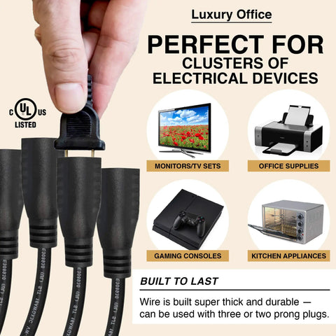 4 Way Power Splitter Turns A Single Outlet Into Four Independent Outlets For A Cleaner Desk Setup With A Compact 1.5 Foot Y Style Extension Cord UL Listed 3 Prong Plug Black SJT 16 AWG, black