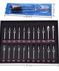 22pc Pro Grade Stainless Steel Tattoo Tip Kit Set with round, diamond, magnum DT RT FT tubes for tattoo machines and cleaning brushes.