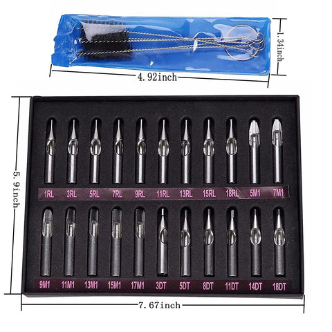 22pc Pro Grade Stainless Steel Tattoo Tip Kit Set with round, diamond, magnum DT RT FT tubes for tattoo machines and cleaning brushes.